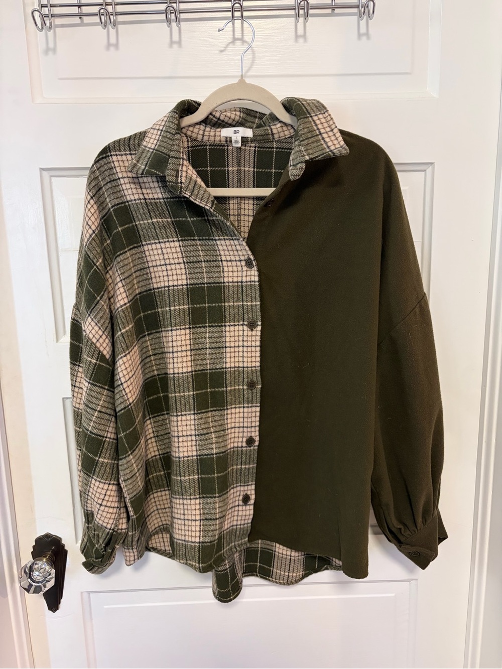 bp Olive Green Plaid & Solid Jean Shacket